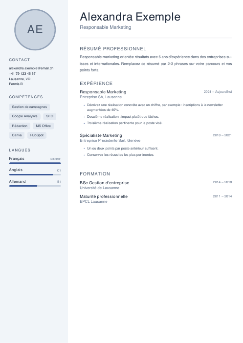 Modèle de CV suisse gratuit en Word & PDF